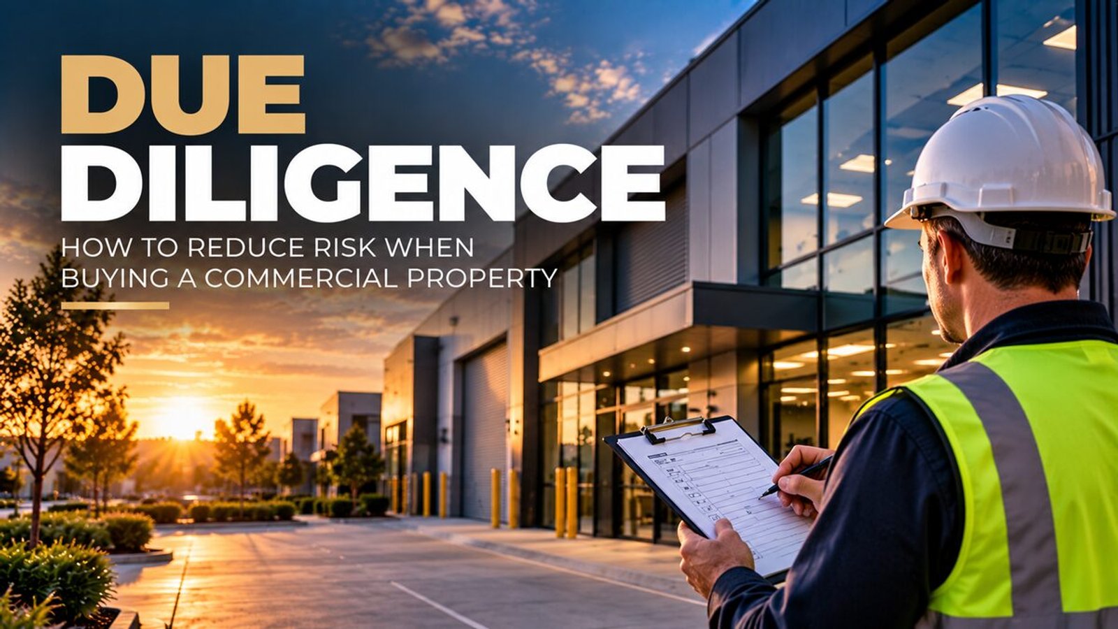 Title card reading due diligence, how to reduce risk when buying a commercial property, outside a commercial building
